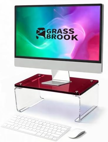 Acrylic Monitor Stand Riser L14" x H5" | Multi-Purpose Desk Organizer for Monitor & Laptop, Compatible with PC, Apple Studio Display and Printer, Ideal for Home Workspaces & Office Desks (Burgundy) by GRASSBROOK