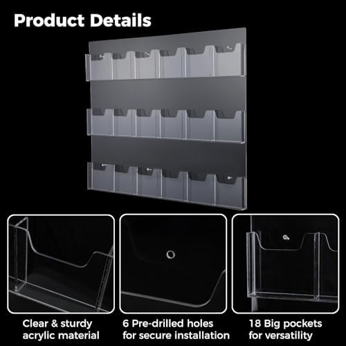 18 Pockets Acrylic Brochure Pamphlet Holder Wall Mount, 4 inches Pocket Brochure Display Stand, Pamphlet Display Stand Wall Mount, Clear Plastic Trifold Flyer Rack Literature Holder - Image 4