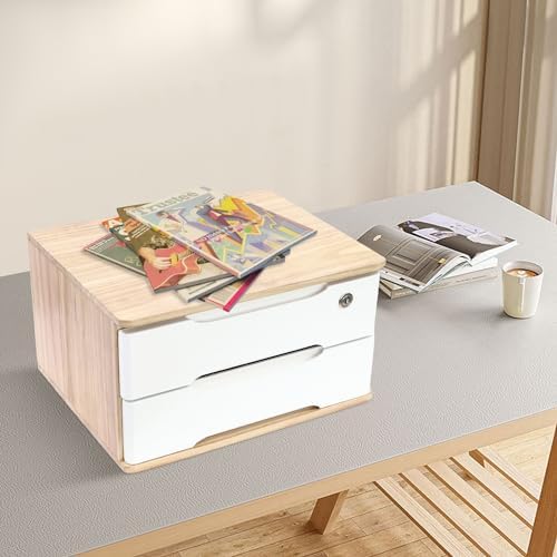 Wood Desk Organizer with 2 Drawers, Lockable Desktop Countertop Storage Cabinet for Home Office Supplies File Tabletop Organizing Unit (Wood) - Image 5