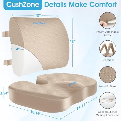 CushZone X-Large Seat Cushion and Lumbar Support Pillow for Office, Khaki - Image 6