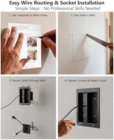FORGING MOUNT in-Wall Cable Management Kit with Recessed Power Outlet Box,Cord Hider for Wall Mounted TV,Brush Plate,9.3ft Cord,–Easy,Safe Management for Organized TV and Home Theater Setups-Black - Image 4