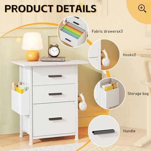Mexin 3 Drawer File Cabinet with 22'' Extended Desktop, Mobile Filing Cabinet, Printer Stand, Rolling Printer Stand with Side Bag, Fabric Drawer, Fits A4 Size, Home Office, White - Image 7