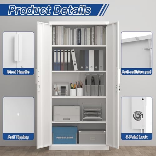 72" H Metal Garage Storage Cabinet with 2 Doors and 4 Shelves, White Steel Locking File Cabinet, Metal Storage Cabinets for Office, Home, Garage, Gym, School - Image 4