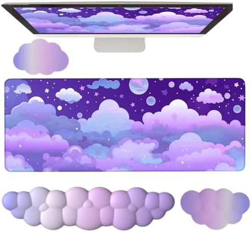 Purple Cloud Mouse Pad Cloud Keyboard Wrist Rest for Computer Keyboard Extended Large Desk Mat Pad Set 4PCS Memory Foam Non-Slip Ergonomic Cute Gaming Mouse Pads Wrist Support for Laptop Home Office by WFCYGL