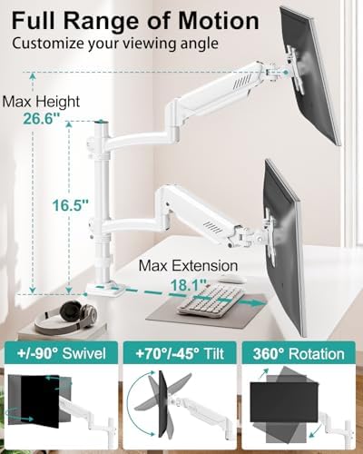 Dual Monitor Stand for 2 Screens up to 32 inch, Vertical Stacked Dual Monitor Mount, Full Motion Adjustable Tall Double Monitor Desk Mount, Each Arm Holds 4.4-22lbs, VESA 75/100mm, White, Freelift - Image 2