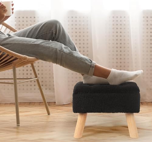 OGEMXU Storage Ottoman, Small Foot Stool Ottoman with Storage, Boucle Teddy Velvet Foot Rest with Padded Seat, Sturdy Wood Legs Stool for Living Room, Bedroom, Couch, Enterway (Black) - Image 2