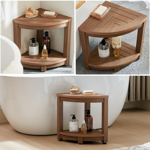 KaimuBench Corner Shower Stool for Shaving Leg, Waterproof Bathroom Shower Bench Seat for Inside Shower, Poly Lumber Plastic Shower Chair Seat, Shower Foot Rest with Adjustable Feet, Non-Slip, Brown - Image 6