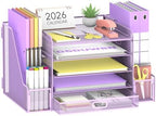 SUPEASY Mesh Desk Organizer with File Holder, 5-Tier Paper Letter Tray Organizer with Magazine Holder, Desktop Organizer and Storage with Drawer for Office Supplies Home or School (Purple) by SUPEASY