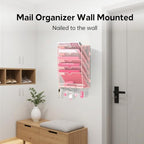 6 Tier Wall File Organizer - Hanging File Organizer with 5 Hooks, Mail Holder Wall Mounted for Papers, Folders, Magazines, Bills, Office&School Organization, Pink - Image 4