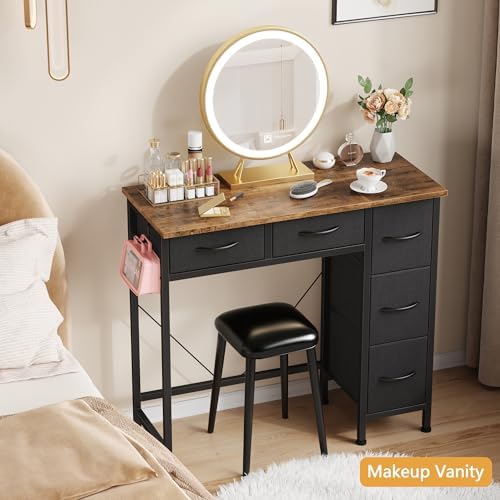 HIGDBFE Small Desk with 5 Fabric Drawers, 33 Inch, Rustic Brown, 14.2" D - Image 6