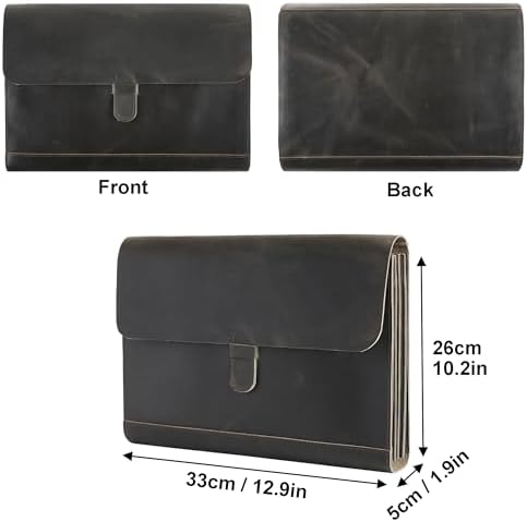 Genuine Leather File Folder, Accordian File Organizer, Leather Document Holder Resume Folio for Men & Women - Grey - Image 2