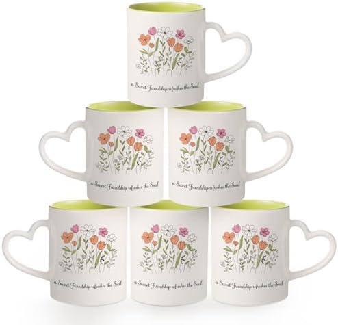 Pickmesh Floral Coffee Mug Set of 6, 10 oz Ceramic Cups with Heart Handles by Pickmesh