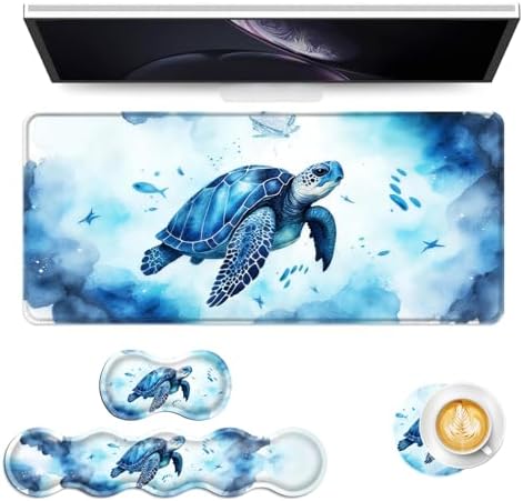 Keyboard Mouse Pad Set, Extended Gaming Mouse Pad+Ergonomics Keyboard Wrist Rest Support, Memory Foam, Easy Typing Pain Relief, 4Pcs XL Ultra Thick Desk Mat,Colorful Sea Turtle by Vobber