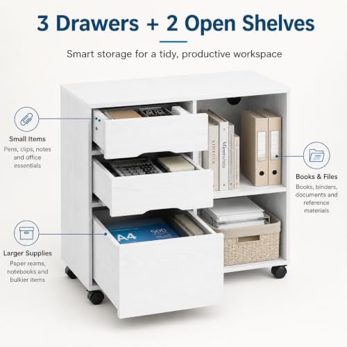 Simple Deluxe 3 Drawer Rolling File Cabinet, Wood Printer Stand with Adjustable Shelf for Home Office Study Organizatiom, White - Image 4