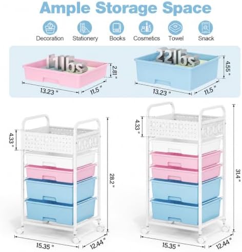 5 Drawer Rolling Storage Cart with Pegboard Top and Hooks, Pink&Blue - Image 2