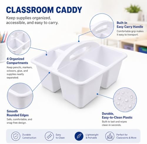 6 Pcs Plastic Classroom Caddy with Handle 4 Compartment White Classroom Caddies Organizer Classroom Caddy Portable for Teachers, Art Craft Crayon Marker Holder Baskets (White) - Image 3