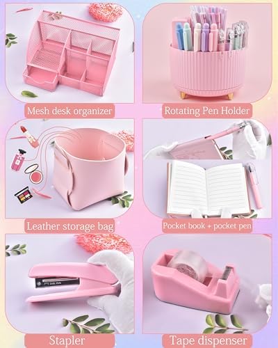 Pink Desk Accessories and Organizers with Desk Organizer and 360°Rotating Pen Holder stapler Pen and a Lot of Office Pink Office Supplies Beautifully Presented in a Gift Box - Image 3