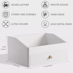 LADSTAG Office Desk Accessories,Beige White Vegan Leather Office Organizer with 1 Drawer & Tray,Pen Holder with Gold-Tone Metal Accents Knob for End Tables,Bedside Table,Bedroom. - Image 4
