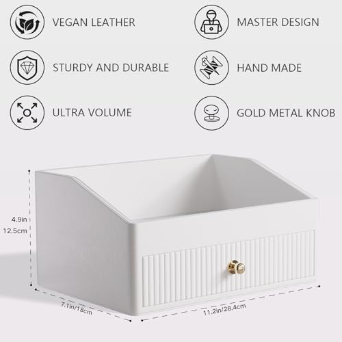 LADSTAG Office Desk Accessories,Beige White Vegan Leather Office Organizer with 1 Drawer & Tray,Pen Holder with Gold-Tone Metal Accents Knob for End Tables,Bedside Table,Bedroom. - Image 4
