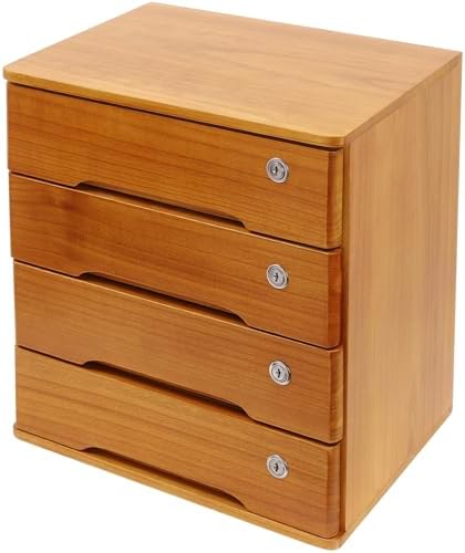 Wood Desk Organizer with 4 Drawers, Lockable Desktop Countertop Storage Cabinet for Home Office Supplies File Tabletop Storage Box, 15.75" x 11.02" x 15.94" (Brown) by iSamLam