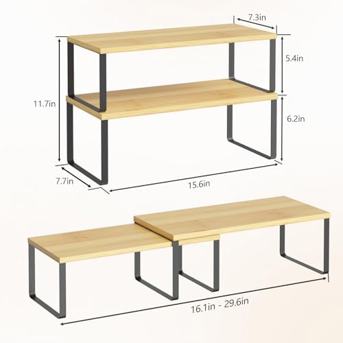 NEX Kitchen Cabinet and Counter Shelf Organizer, Stackable & Expandable, Set of 4, Black and Natural - 7.7 x 15.6 x 6.2'' - Image 3