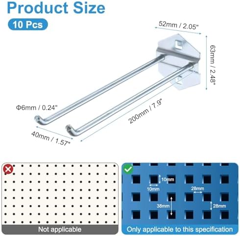 uxcell 10Pcs Metal Square Peg Board Hooks, 7.9" Heavy Duty Exhibition Display Hooks Square Hole Peg Double Rod for 3/8" Spaced Pegboards, Retail Shelf Rack Hook, Silver - Image 2