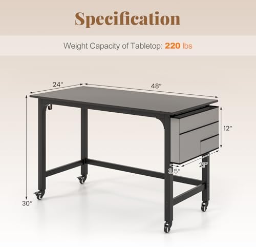 GIANTEX 48" Rolling Computer Desk, Mobile Study Writing Desk with Wheels, Storage Bag & 2 Hanging Hooks, Simple Style Home Office Work Bench, PC Workstation for Study, Bedroom (Black) - Image 3