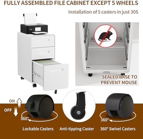 3 Drawer Slim Narrow Mobile File Cabinet with Lock and 4 Keys - Image 6