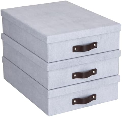 Bigso Oskar Canvas Fiberboard Document Letter Box - File Organizer Box for Important Paperwork - Document Storage with a Lid & Leather Handle - 3.3 in x 10.2 in x 13.8 in - 3 Pack - Ash by Bigso