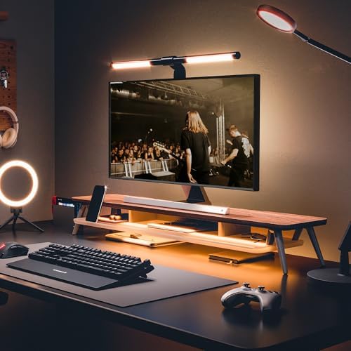 Fenge Dual Monitor Stand Riser with Phone & Tablet Slot, Brown - Image 2