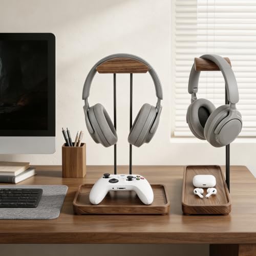 Wood Headphone Stand for Desk, Walnut Headset Holder with Storage Tray - Image 4