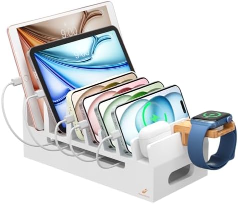 Bamboo Charging Stand for Multiple Devices Phone Watch Stand- White by PezinHulin
