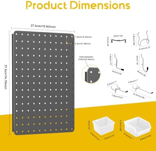 Pegboard Organizer Kit,6 Pack 14.76x10.82 in Metal Panels with 6 Bins, Gray - Image 3