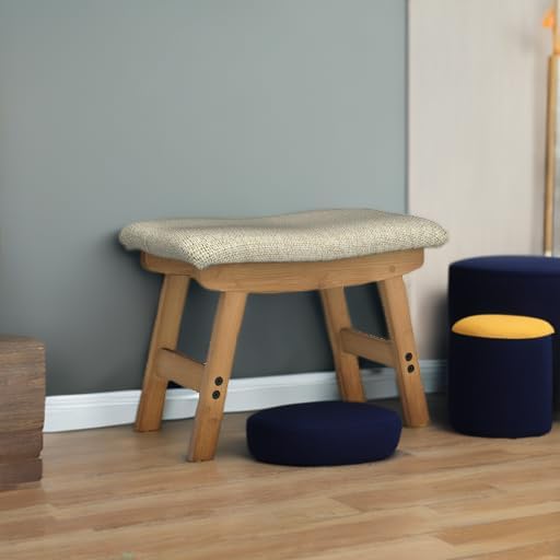Foot Stool Ottoman Foot Rest Under Desk,Small Stool for Living Room, Bedroom and Kitchen (Brown Legs - Beige Stool Surface) - Image 5