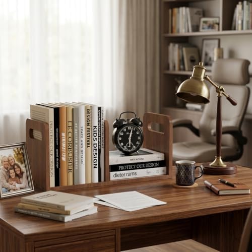 100% Solid Wood Adjustable Desktop Bookshelf With Movable Divider, Retro Tabletop Bookshelf With Convenient Handle Design for Living Room, Home, Office, Perfect for Magazines, Books, Files (Brown) - Image 6