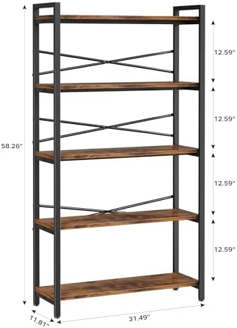 5 Tier Bookshelf 31.49" Width, Book Organizers and Storage, Wood and Metal Tall Bookcase, Rustic Book Shelf Organization and Storage for Home Living Room Bedroom Office Storage(Rustic Brown) - Image 3