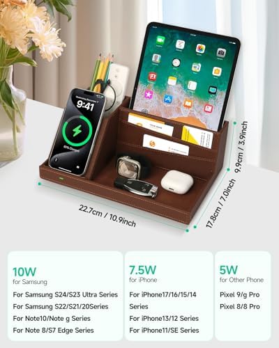 Fast Wireless Charging Station with Desk Organizer for iPhone 17/16/15/15 Pro/14/14 Pro Max/14 Pro/14 Plus/13/13 Pro Max/13 Pro/and iPhone 12/11 Series, Nightstand Desktop Organizer, Brown - Image 5