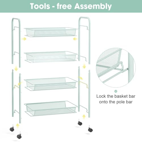TOOLF 4 Tier Rolling Cart, Metal Utility Storage Cart with Wheels, Green - Image 5