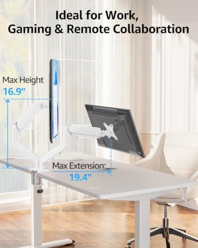 MOUNTUP Dual Monitor Stand for Desk, Monitor Arms for 2 Monitors Max 32 Inches, Height Adjustable Double Monitor Mount, VESA Mount with C-Clamp & Grommet Base, Holds 4.4-17.6lbs, White - Image 6