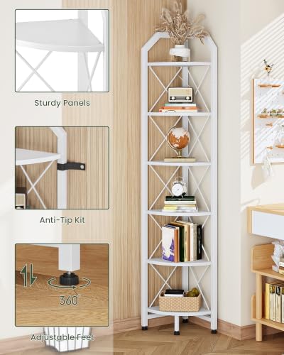 CHOEZON 6-Tier Industrial Corner Shelf, 71.2" Corner Storage Stand, Plant Stand Display Shelf, Corner Bookcase for Bedroom, Living Room, Home Office, White TCJ11WB - Image 4