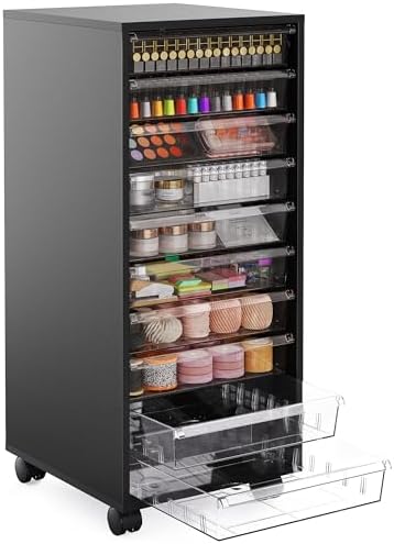 WOPITUES Storage Drawer Cart, Mobile Storage Cabinet, Makeup Storage with 10 Large Clear Drawers, Utility Wooden Rolling Cart on Wheels, for Cosmetic, Art Craft, Office Supplies, Toy, Black by WOPITUESOfficial