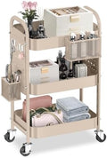 ALVOROG 3 Tier Metal Rolling Utility Cart with Pegboards,Baskets,Hook,Khaki by ALVOROG
