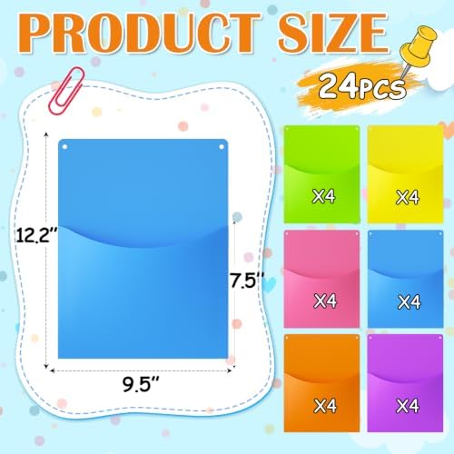MFTEK Oversized Wall Pockets 6 Assorted Colors 12.2''x 9.5'' Hanging Wall File Folder Holder Plastic Magazine Mail Organizer for Classroom Bulletin Boards Home Office School (24 Pack) - Image 2
