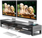 2 Tiers Dual Monitor Stand with Auto Charging Pad, 4 USB 3.0 Hub Ports, Double Monitor Riser, Metal Desk Stand with Storage, Long Screen Raiser for 2 Monitors/PC/Laptop/Computer Space Saver Organizer by STARSIKI