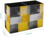 Pens Holder, Pencils Holder for Desk Organizer, Abstract Art Gray Yellow Plaid PU Leather Pencil Cups Desktop Stationery Storage Makeup Brush Holder Pens Organizer for Office Home - Image 2
