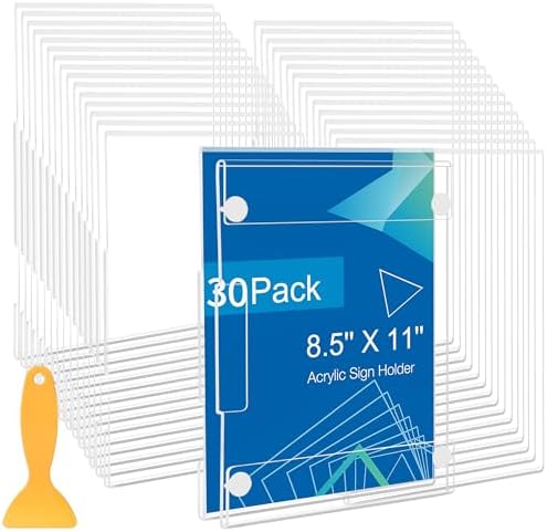 30 Pack Acrylic Sign Holder 8.5 x 11 Wall Mount, Vertical & Horizontal Use, Wall Sign Holders Memo Document Menu Holder for Office Store Restaurants Wedding Party Decoration, No Drilling by DECOHOBO