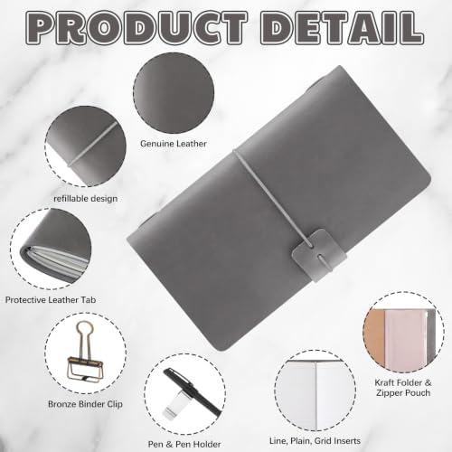 Thenshop Traveling Refillable Leather Journal Notebook, Gray, Stand Size - Image 3
