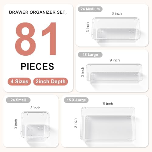 81 PCS Clear Plastic Drawer Organizer Set 4 Sizes Desk Divider Storage Bin - Image 2