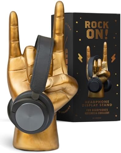 Luckies Headphone Stand - Headphone Holder - Rock On Hand - Headset Stand - Mens Jewellery Holder - Mens Desk Accessories - Controller Holders - Guitar Accessories - Desk Tidy - Dad Rock Gifts - Gold by LuckiesofLondon