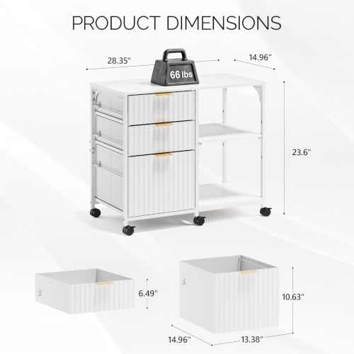 VINGLI 3 Drawer Mobile File Cabinet Printer Stand, Fluted Filing Cabinet with Open Storage Shelves Adjustable, Rolling Lateral Fabric Filing Cabinet for Home Office, Fits Letter Size, White - Image 3